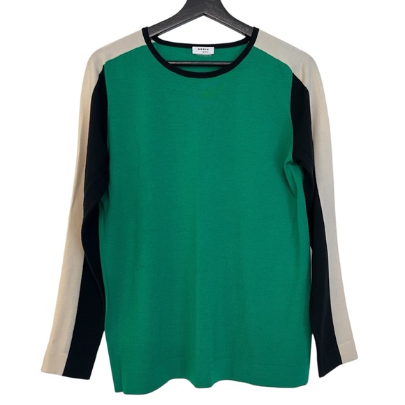 Akris Punto Fine Knit Colorblock Wool Crewneck Sweater Green Black White Large - Picture 1 of 13
